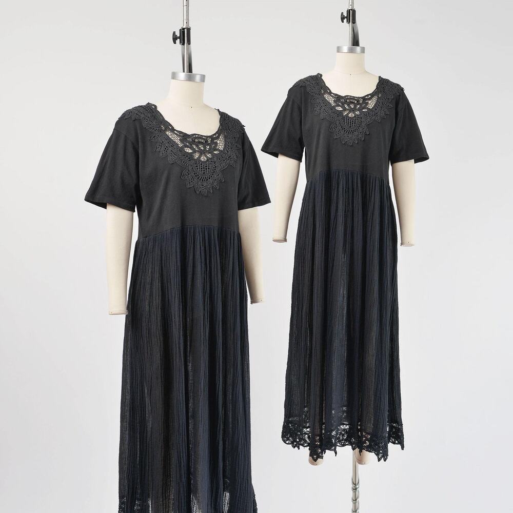 Vintage Black Gauze Lace Crochet Neckline Cotton Boho Gothic Maxi Dress Medium